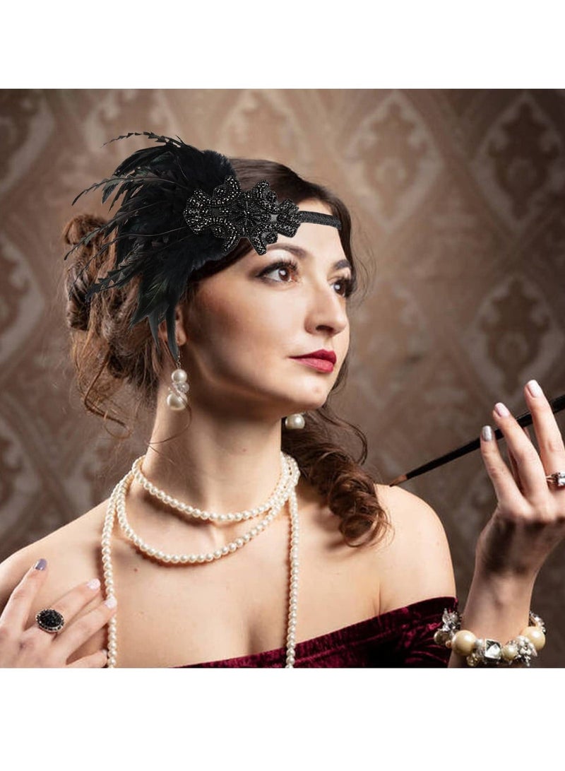 1920s Accessories Flapper Gatsby Costume Women Set 20s Headband Pearl Necklace Gloves Lace Fan Holder, Black - Image 2